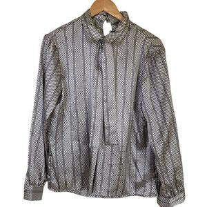 Vintage Personal Womens Blouse Size 8 Grey‎ High Colar Bow Neck Long Sleeve
